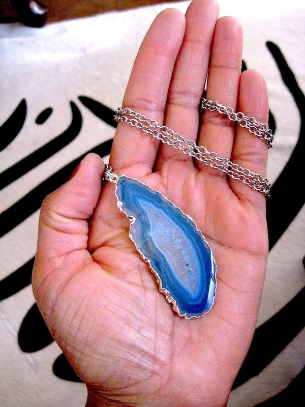 Agate Slice Jewelry - Blue Agate Necklace - Agate Slice Pendant Necklace  -  26 inch Steel Chain