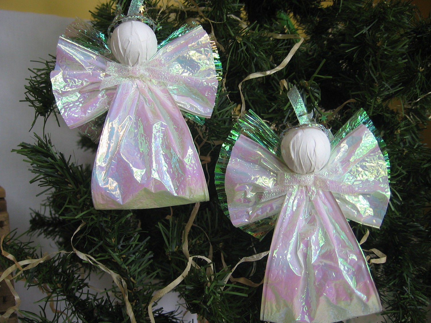 Angel Christmas Ornaments Set of 2 Iridescent White Paper Ribbon Angel Tree Ornaments