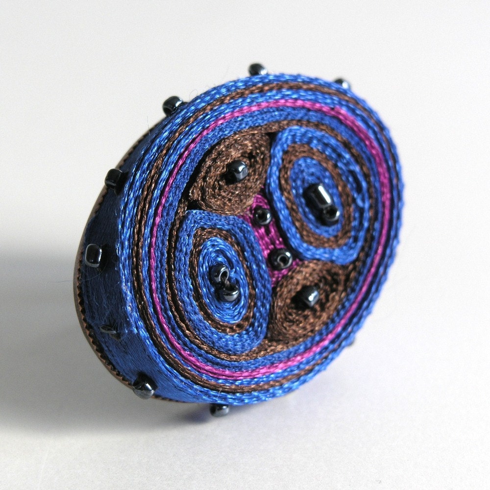 Ring Blue Brown - Adjustable Fiber Ring - Textile Jewelry - OOAK Ready To Ship