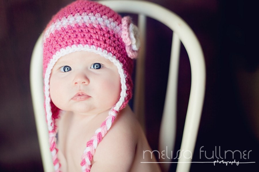Girls Winter Earflap Beanie Hat in Hot Rose, Pink, and White with flower- newborn, baby, toddler, child sizes- colors customizable