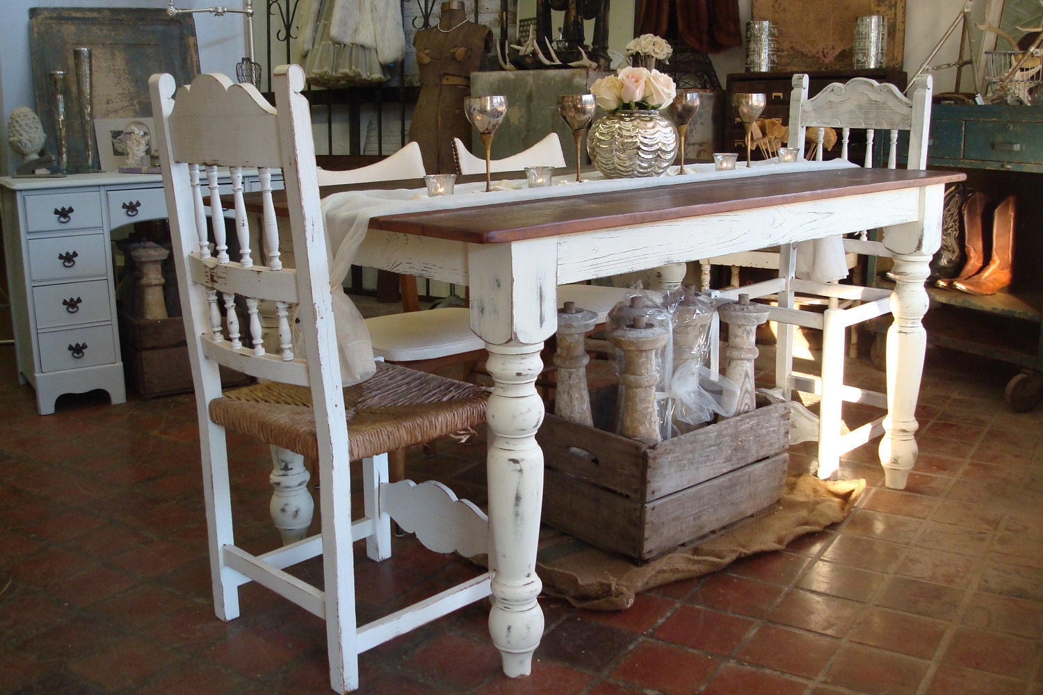 CUSTOM BUILT Reclaimed White Farm Table, Rustic Barn Pine Farmhouse, Dining, Harvest Table