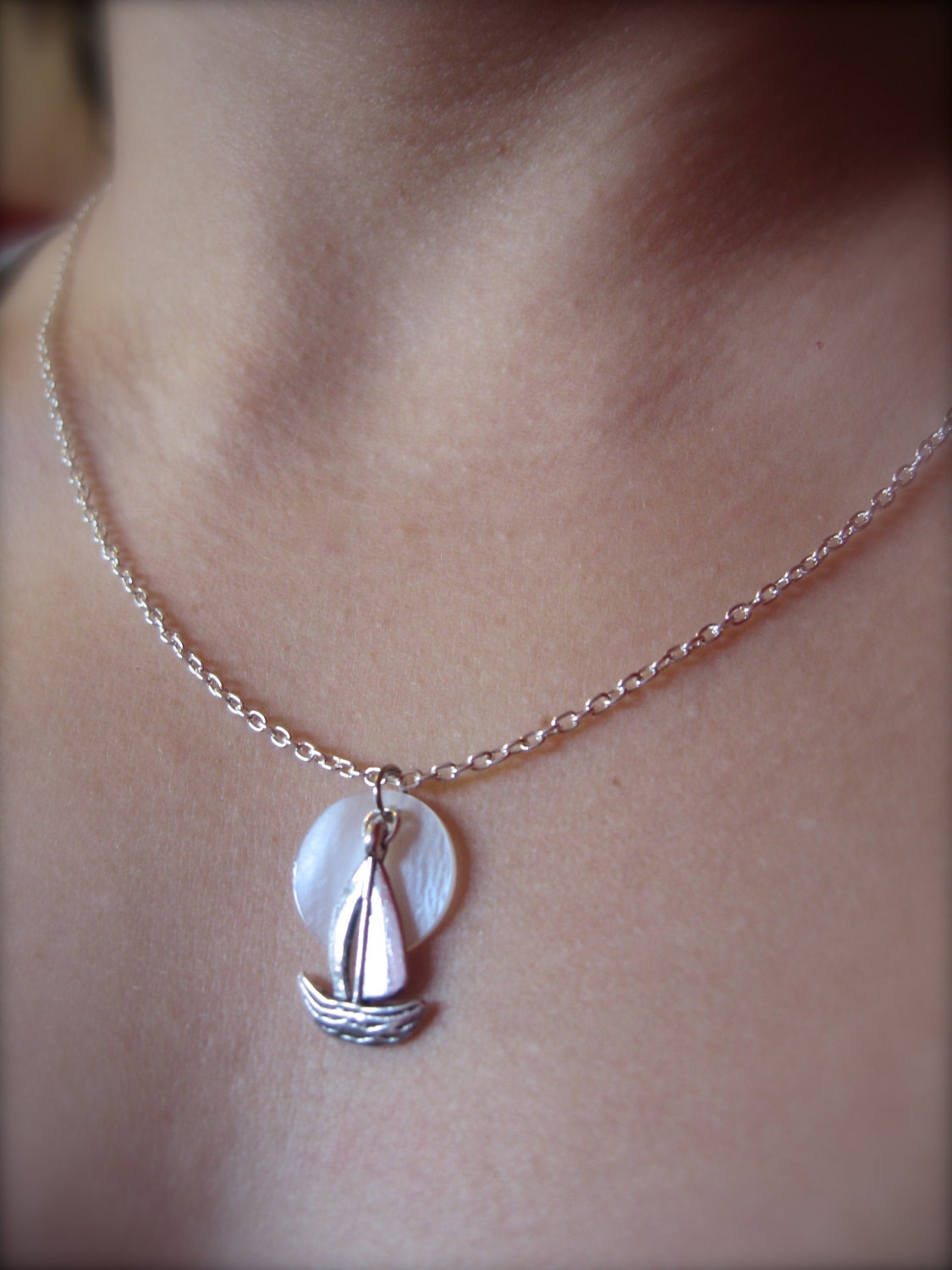 Sailboat Necklace, full moon pendant silver - Midnight Romance under the moonlight