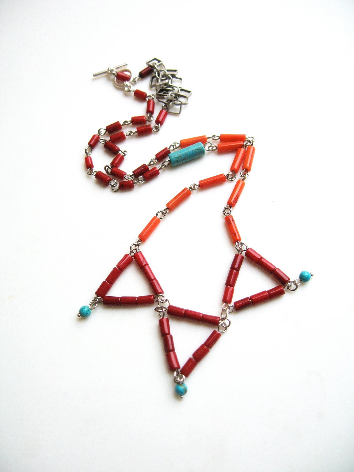Colorblock Coral Necklace - Exotic Triangle Coral Jewelry Salmon and Red Coral and Blue Turquoise, Chevron Banner Necklace Spring Fashion