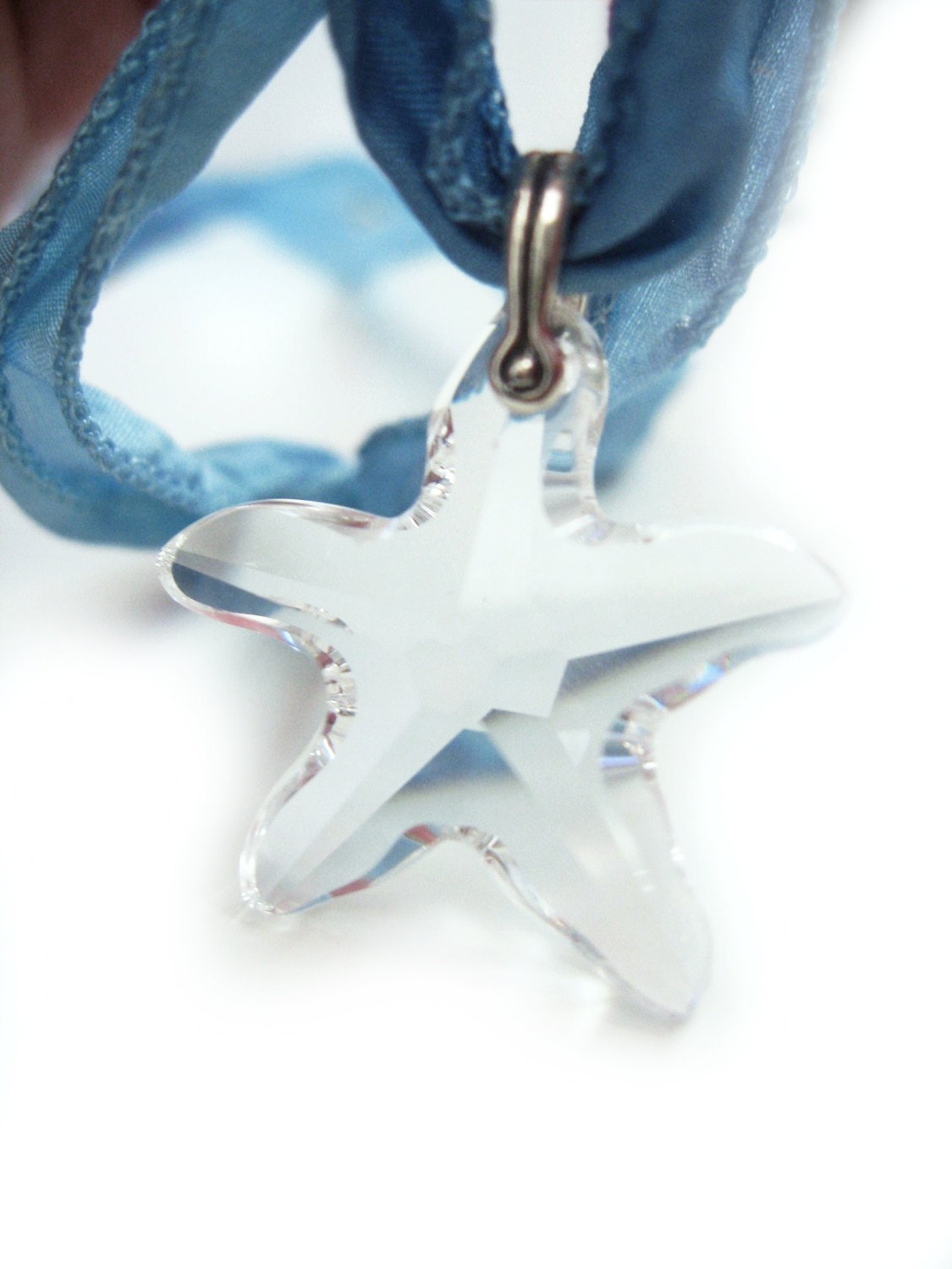 Swarovski Starfish Necklace on a blue silk ribbon- Nautical summer fashion