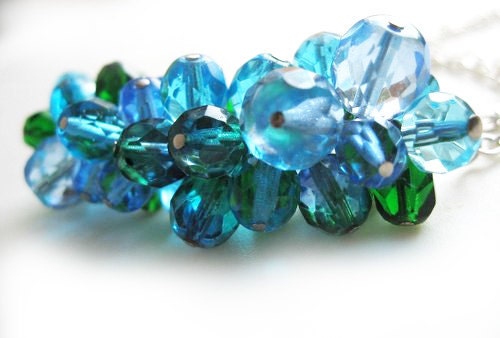 Aquamarine Necklace, Aqua Blue Green Glass Jewelry, Bright Cluster, Summer Fashion