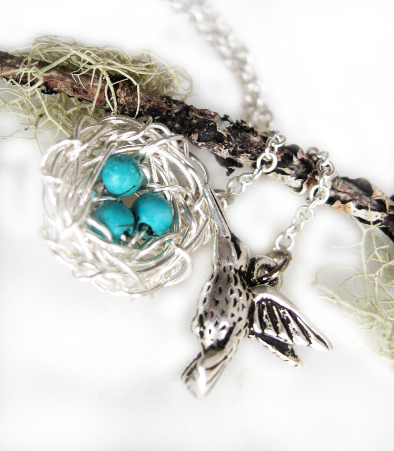 Hummingbird pendant necklace, Bird Nest Necklace Sterling Silver and Turquoise necklace, baby shower gift, wire jewelry, silver bird charm