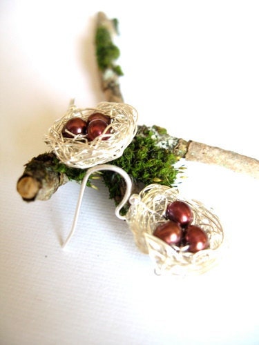 Red eggs earrings, birds nest jewelry, wire wrapped