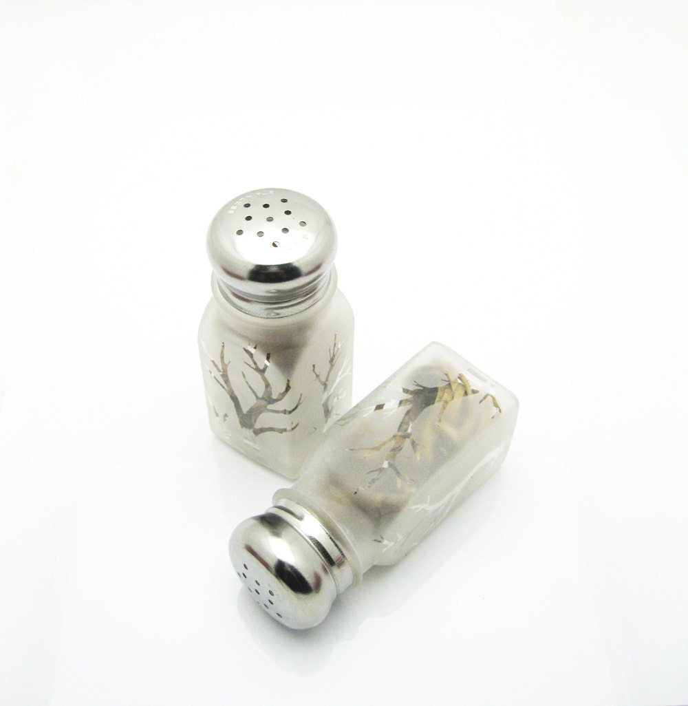 Trees Bare Branches Salt and Pepper Shakers Etched Glass