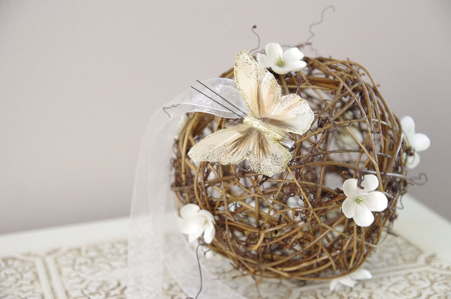 Butterfly Grapevine Pomander - Rustic Pomander - Kissing Ball - Pew decoration - Butterfly and Ivory flowers