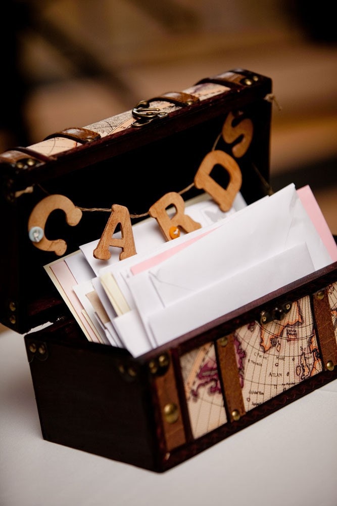 Wedding Card Box - suitcase trunk style, travel themed, vintage map