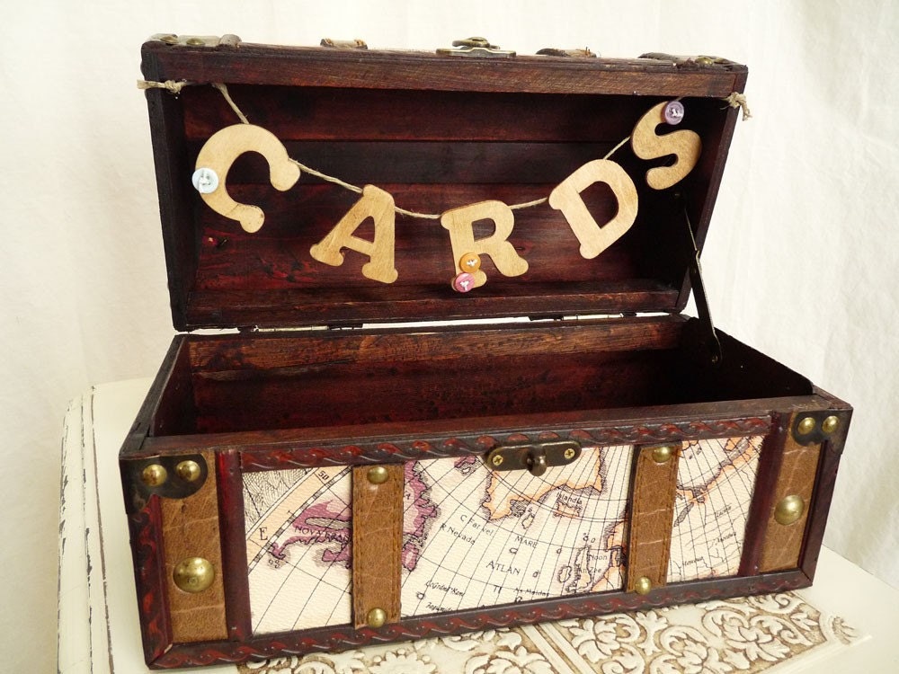 Wedding Card Box - suitcase trunk style, travel themed, vintage map
