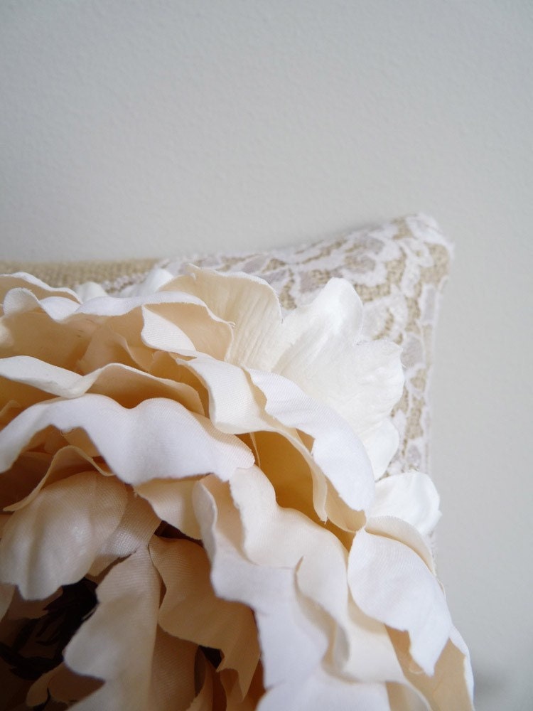 Burlap and Lace Ring Bearer Pillow with Ivory Peony