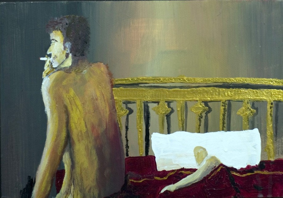Smoking Man in bed- ORIGINAL on board-'does this mean he loves me