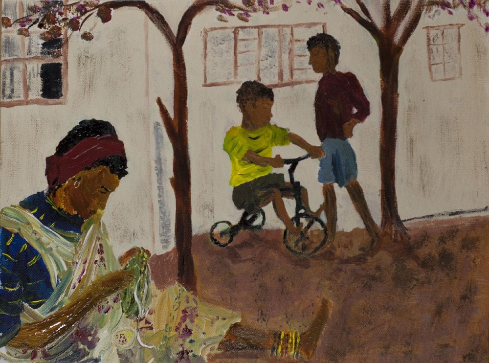 My mother the Basketmaker-Original Painting on canvas kid on bike