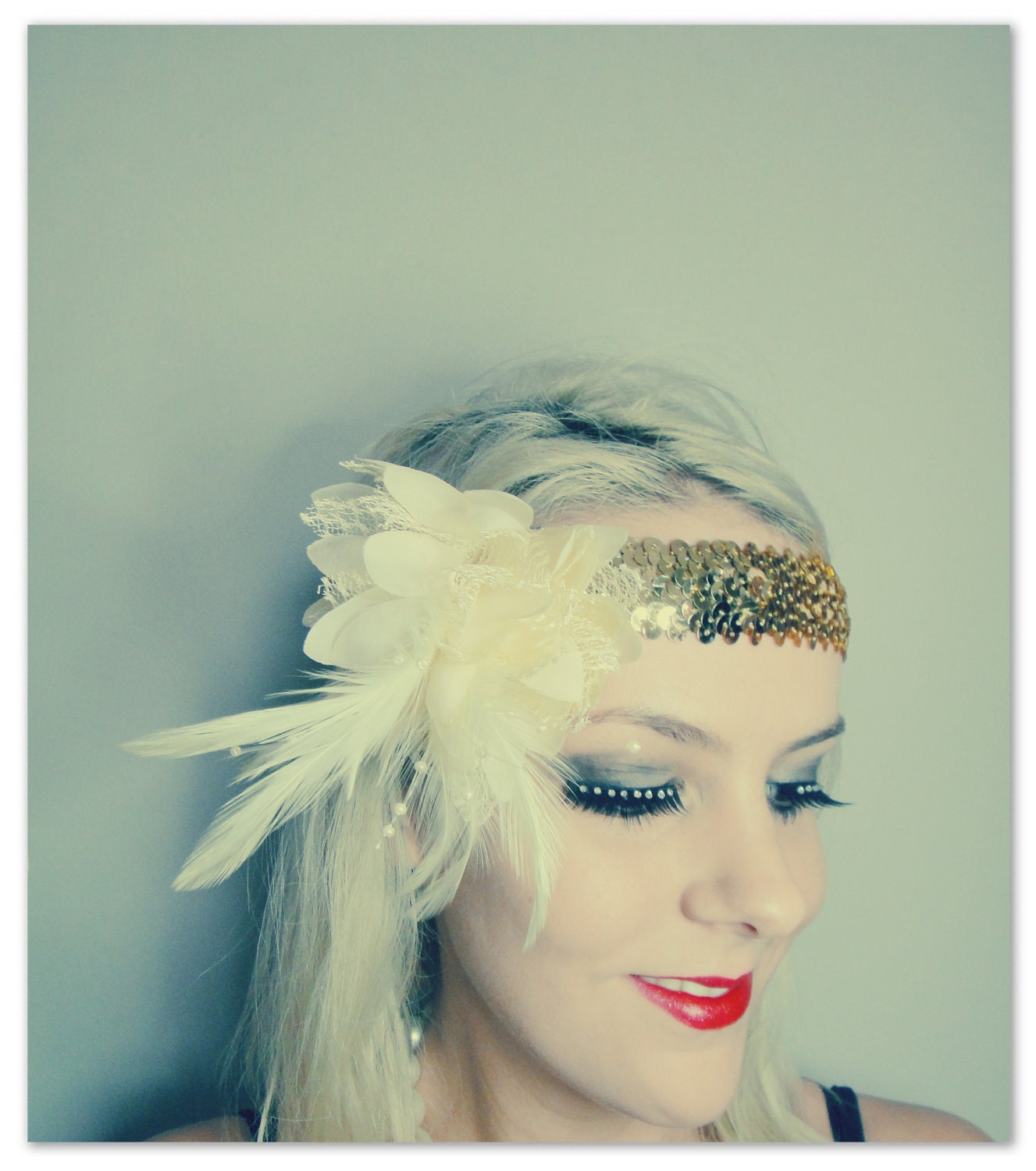 1920s cream and gold feather flapper headband races