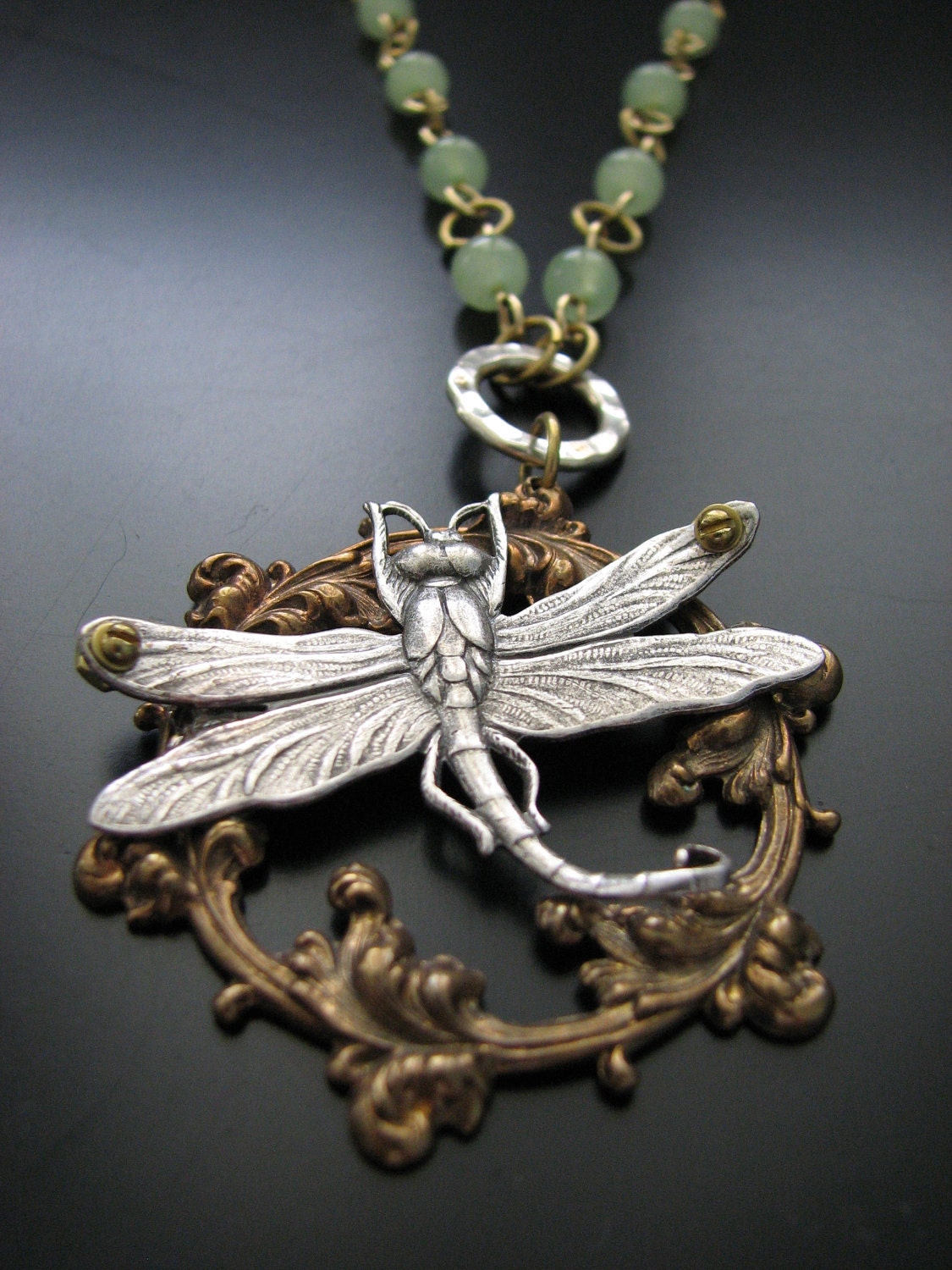 Steampunk Dragonfly Rosary Chain Vintage Necklace in Green