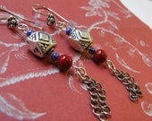 Earrings dangles red coral antique silver sterling silver french wires silver bali beads ethnic gems
