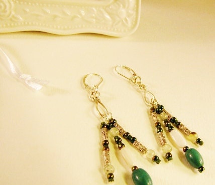 Turquoise with prehnite gemstones, and fine silver, earring dangles beaded