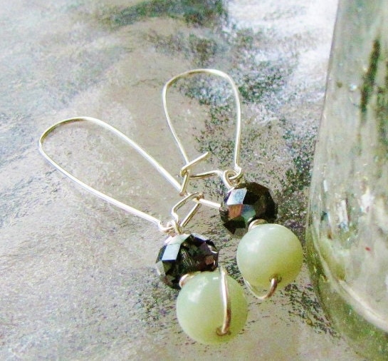Sterling silver New Jade firepolished bead earrings, green jade, silver earrings,