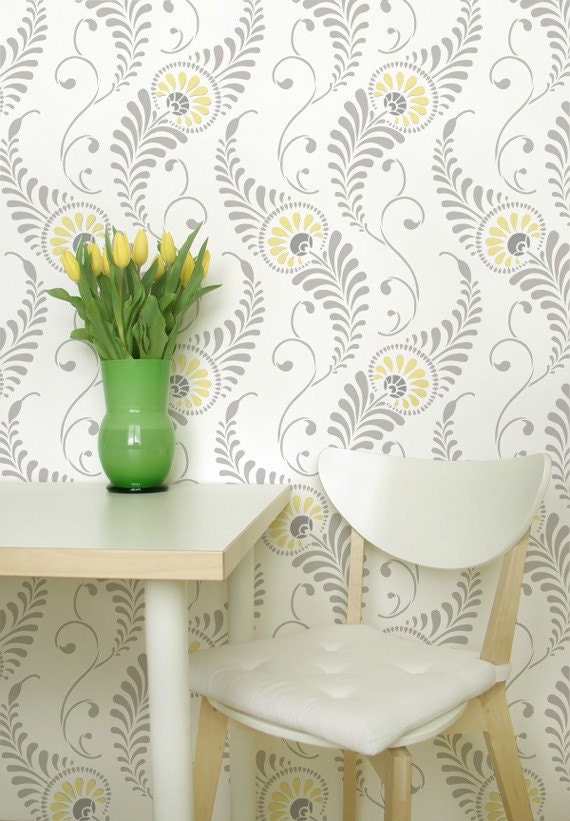 Large Wall Stencil Pattern Feathered Damask Allover Stencil for Painted Wallpaper Look - royaldesignstencils