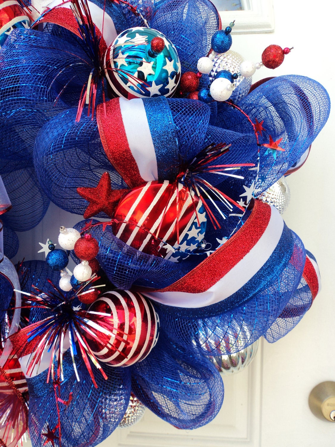 Patriotic Deco Mesh Wreath Red White Blue XXL