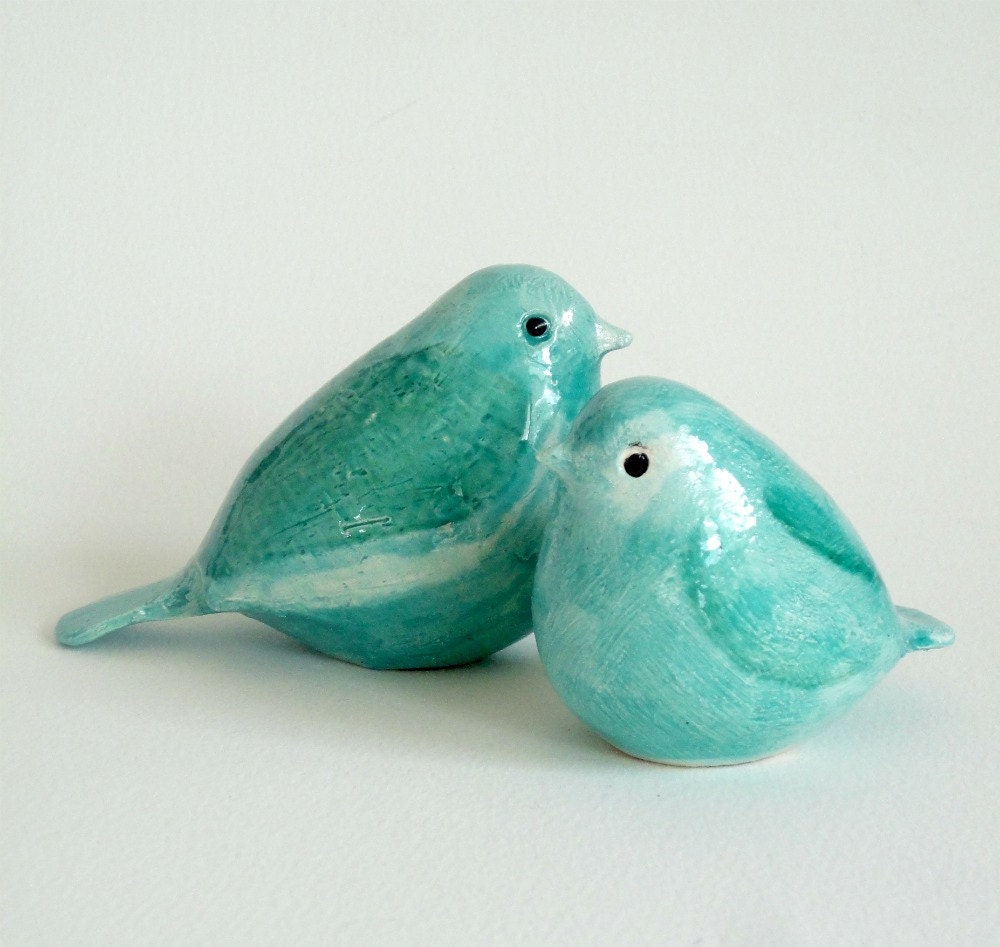 SALE pottery birds aquamarine mother and baby