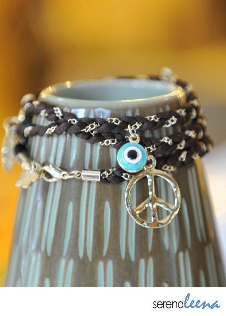 Lucky Evil Eye Hamsa Hand Charm Bracelet or Necklace - Brown