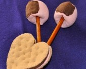 Felt Valentine S'more and Two Pink Marshmallows with Roasting Sticks
