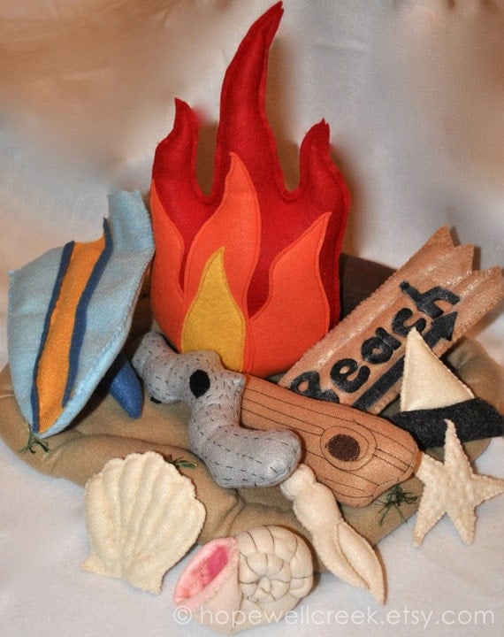 Kids Felt  Beach Campfire with Driftwood and Felt Seashells (Made when ordered)