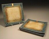 TWO Blue Ceramic Square Plates with Gold Stripe