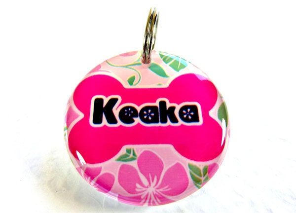 Pet ID Tag Dog Tag Cat Pet Tag Pink Hawaiian Round Circle and Bone by ID4Pet