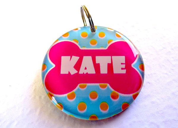 Pet Tags Polka Dot Blue and Orange Bone Shape Tag by ID4Pet