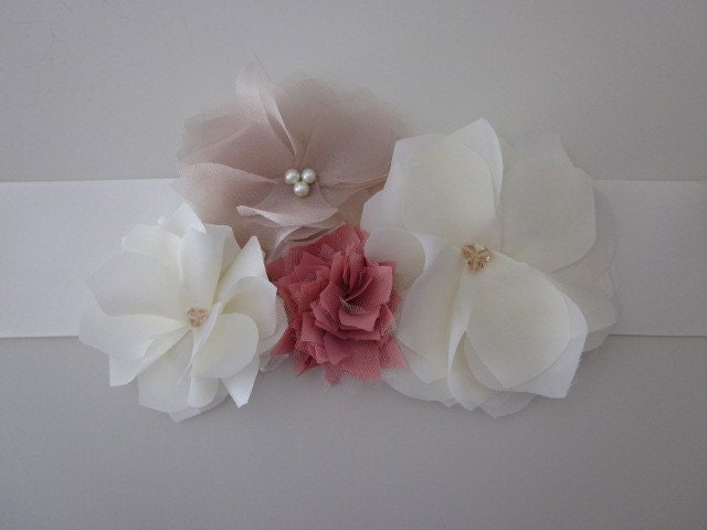 Handmade Flower Wedding Dress Sash with Four Flowers in Ivory, Taupe and Coral