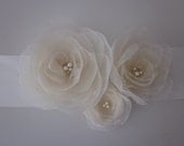Handmade Bridal Sash with Three Champagne Organza Flowers