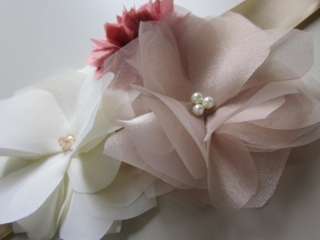 Handmade Flower Wedding Dress Sash in Ivory, Taupe and Coral