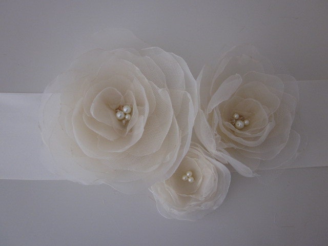 Handmade Bridal Sash with Three Champagne Organza Flowers
