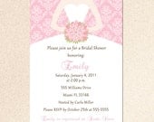 Printable Personalized Damask Pink Spring Summer Bride Dress Bridal Shower Invitation - Sweet 16 Quinceanera 16th 15th Vintage