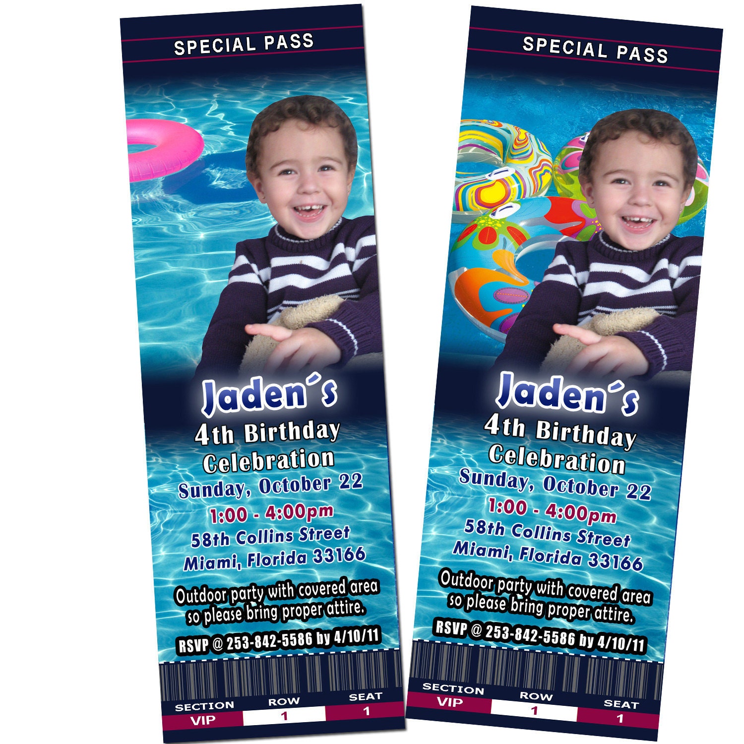 Personalized Summer Pool Photo Ticket Invitation Birthday Party - Girl Boy Unisex Card Printable or Printed Custom