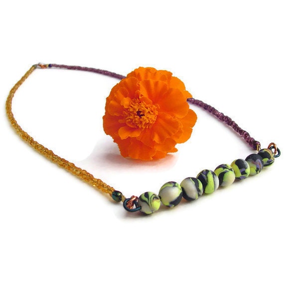 Seed beaded necklace. purple and orange minimalist beaded bar necklace multi colored polymer clay beads