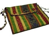 Beaded clutch purse. multi colored jacquard fabric purse.