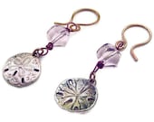 Sand Dollar Earrings. pink earrings, copper beach charm earrings