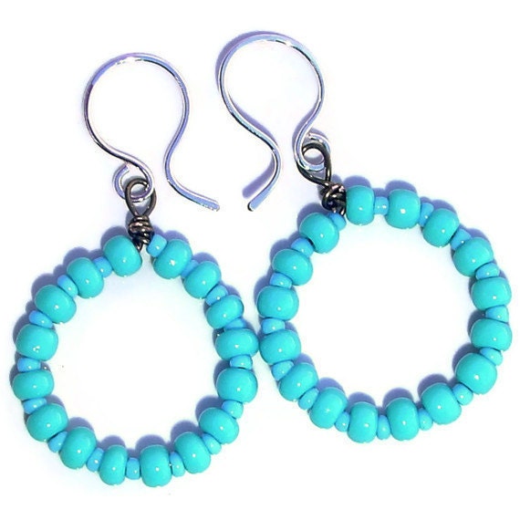 Turquoise earrings. Light blue glass beaded earrings, silver ear wire