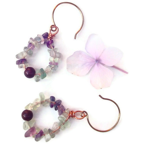 Copper earrings. mint green hoop earrings. healing stone dangle earrings