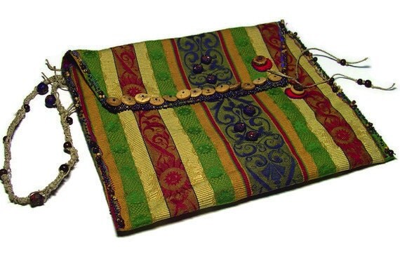 Beaded clutch purse. multi colored jacquard fabric purse.