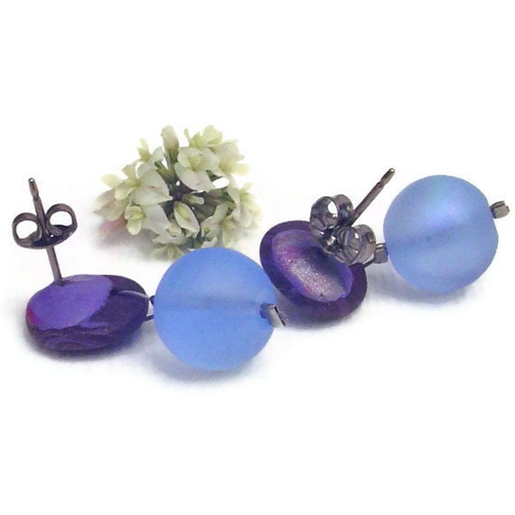 Titanium earrings. Lavender and blue sea glass earrings