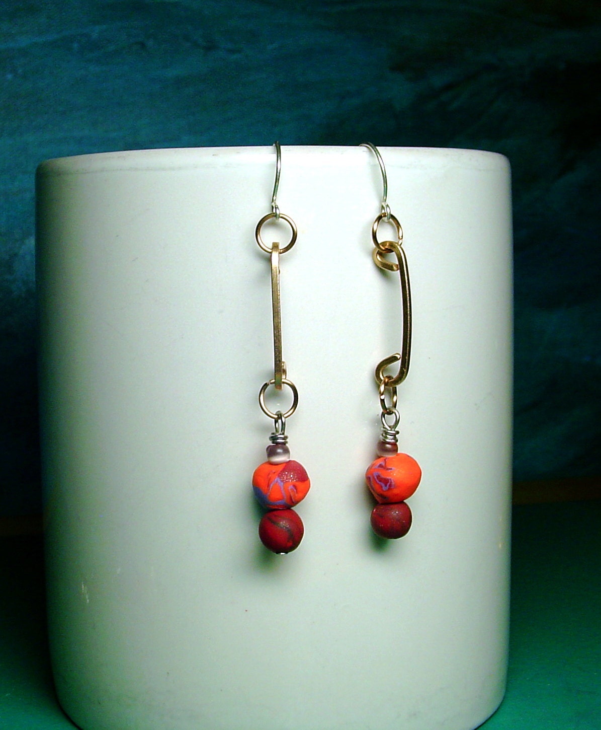 Orange earrings. minimalist bronze earrings. polymer clay long earrings