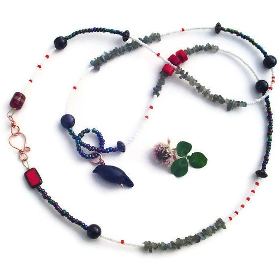 Black raven necklace. black crow pendant necklace. seed beaded necklace. long necklace