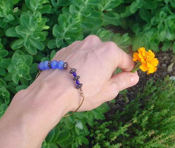 Bronze bracelet. blue glass beaded bracelet. brass bar bracelet with blue Czech glass beads