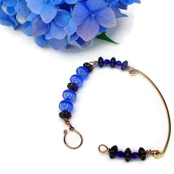 Bronze bracelet. blue glass beaded bracelet. brass bar bracelet with blue Czech glass beads