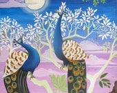 Original painting on canvas,The peacocks, reduced price, peacock art, tree art,sunset, India, travel art, blues, mauves